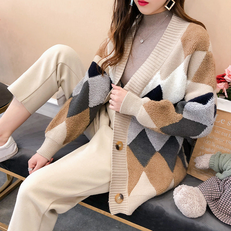 Damen lockerer Strickcardigan mit geometrischem Muster ModeGeist
