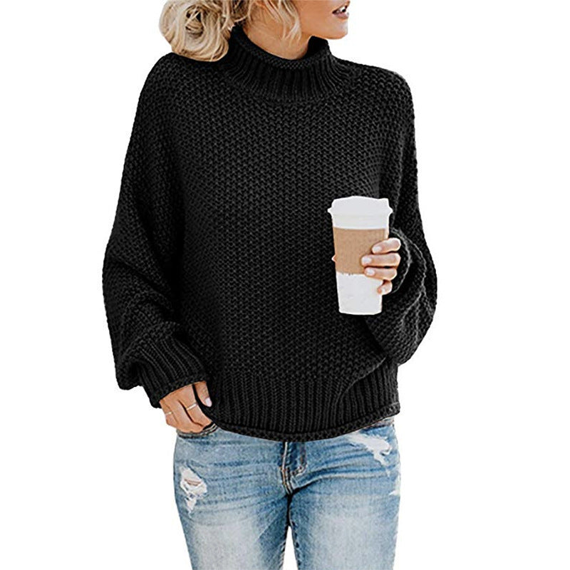 Damen Grobstrickpullover mit hohen Kragen und lockerem Design ModeGeist