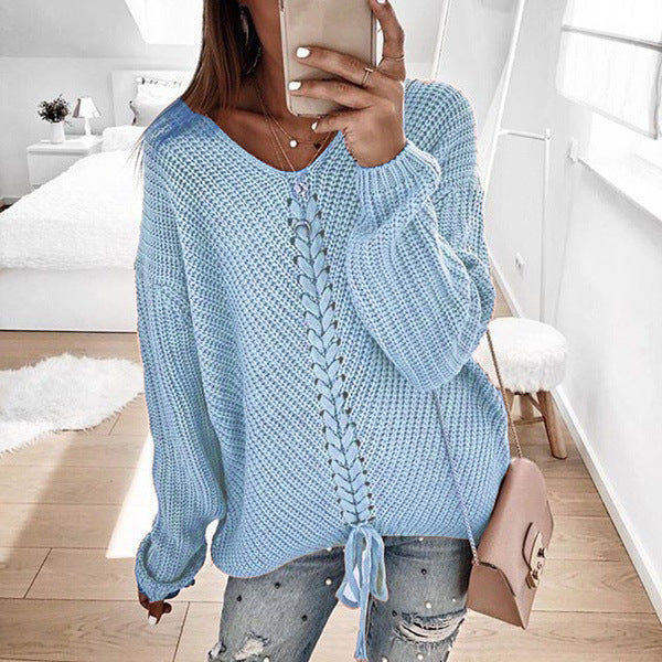 Damen Grobstrickpullover mit romantischen Schnürdetails und lässigem Schnitt ModeGeist