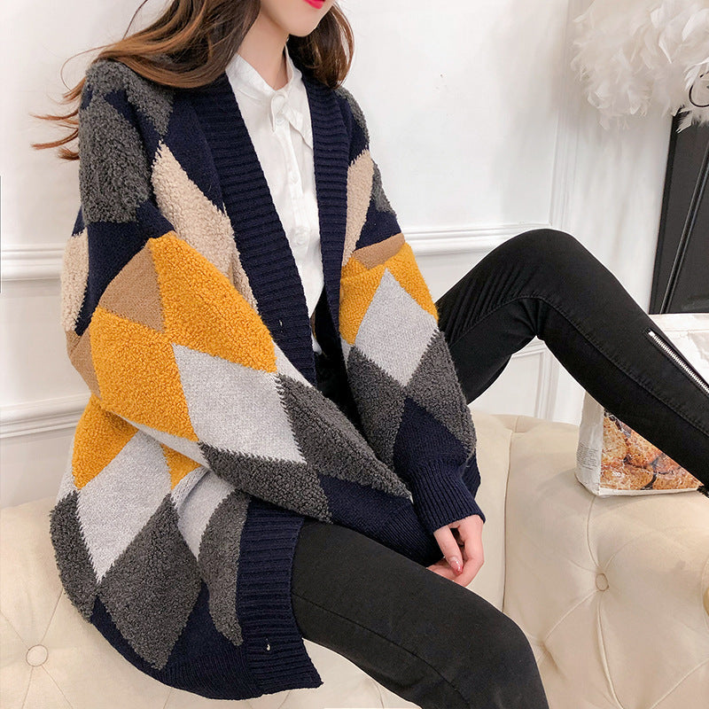 Damen lockerer Strickcardigan mit geometrischem Muster ModeGeist