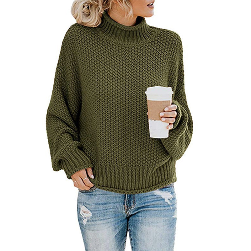 Damen Grobstrickpullover mit hohen Kragen und lockerem Design ModeGeist