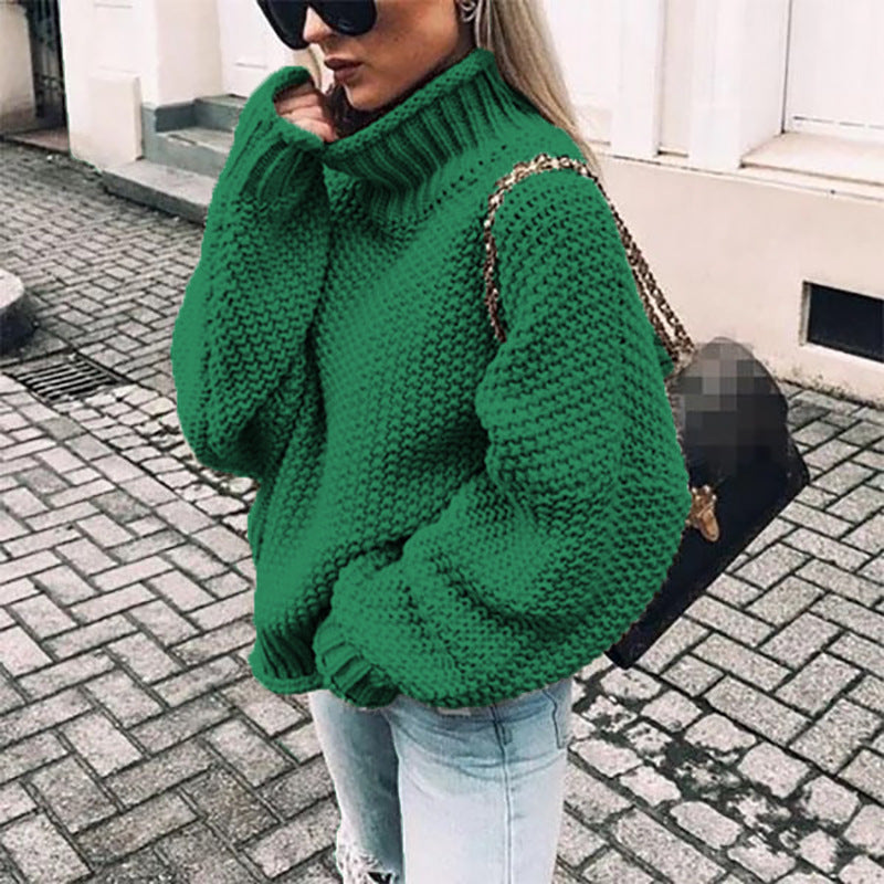 Damen Grobstrickpullover mit hohen Kragen und lockerem Design ModeGeist