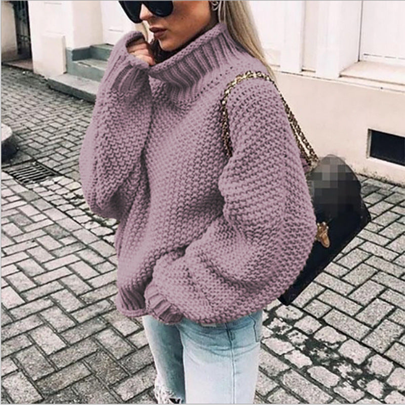 Damen Grobstrickpullover mit hohen Kragen und lockerem Design ModeGeist