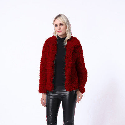 Damen Modischer Kunstpelzjacke mit elegantem Kragen und seitlichen Taschen ModeGeist