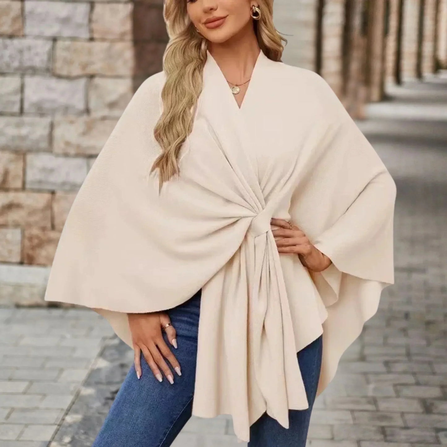 MODEGEIST Damen Poncho Leicht Draped Knoten-Design Oversized