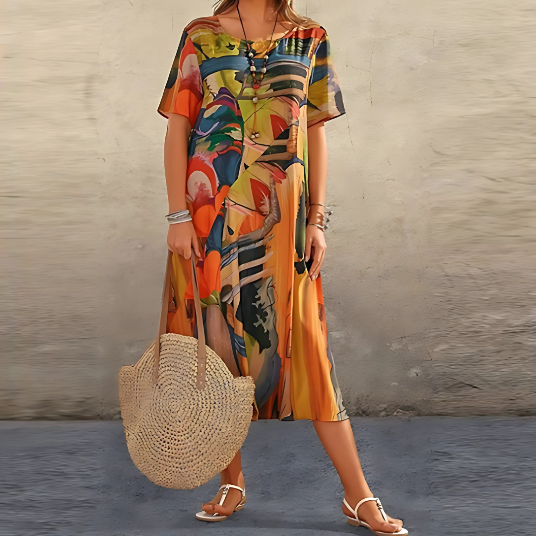 MODEGEIST Damen Midi-Kleid Blumenmuster A-Linie Kurze Ärmel Sommerkleid
