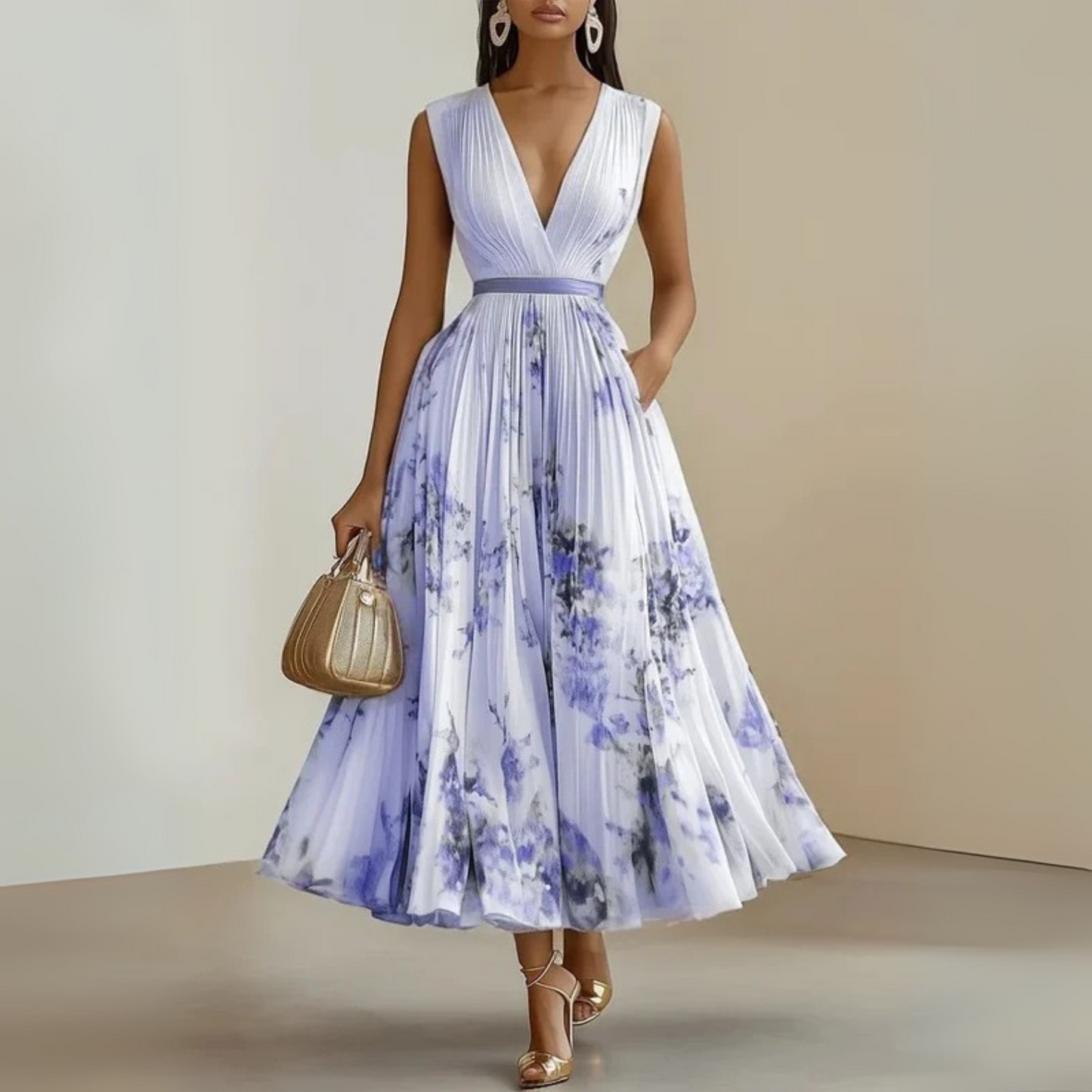 MODEGEIST Damen Maxi-Kleid Ärmellos V-Ausschnitt Leichter Stoff Fließend