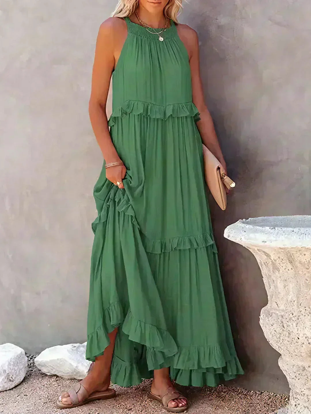 MODEGEIST Damen Ärmelloses Kleid Rüschen Fließend Sommerkleid Romantisch