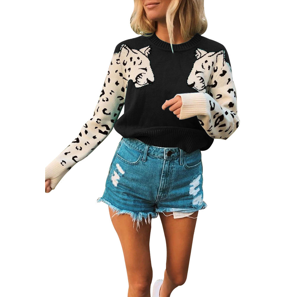 Damen modischer Strickpullover mit tierischem Motiv und farblich abgesetzten Ärmeln ModeGeist