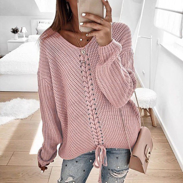 Damen Großer Strickpullover mit tiefem V-Ausschnitt und dekorativem Kordeldetail ModeGeist