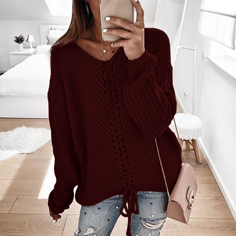 Damen Großer Strickpullover mit tiefem V-Ausschnitt und dekorativem Kordeldetail ModeGeist