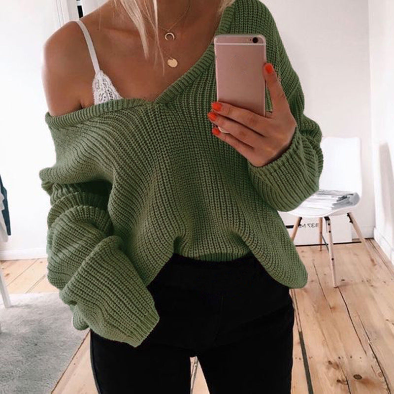 Damen Grobstrickpullover mit tiefem V-Ausschnitt und lässiger Passform ModeGeist