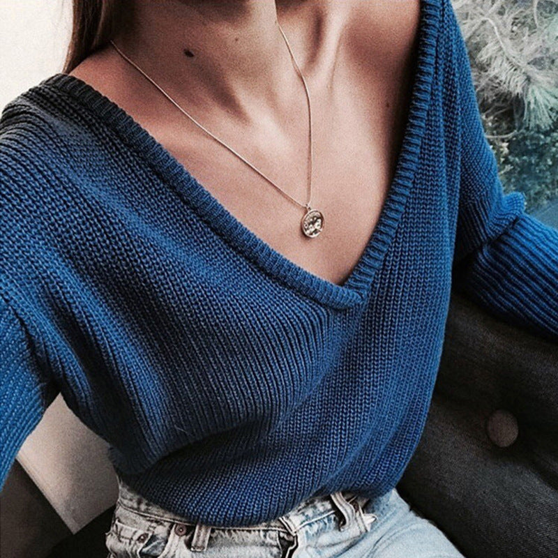 Damen Grobstrickpullover mit tiefem V-Ausschnitt und lässiger Passform ModeGeist