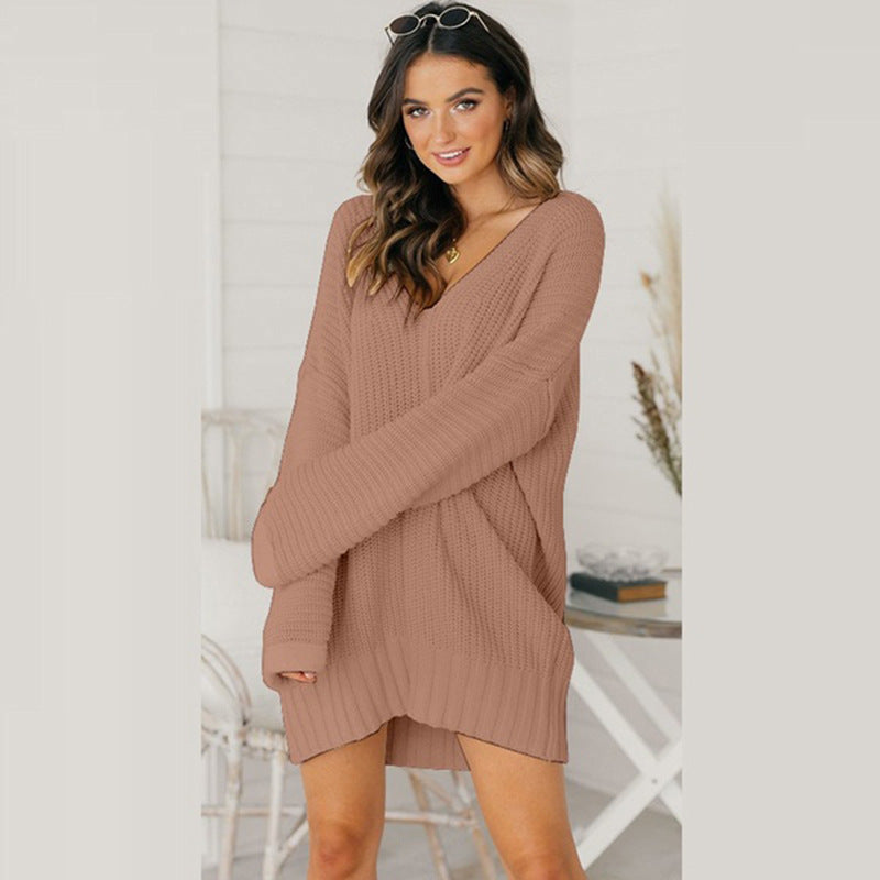 Damen Grobstrick Pulloverkleid mit V-Ausschnitt und lässigem Schnitt ModeGeist