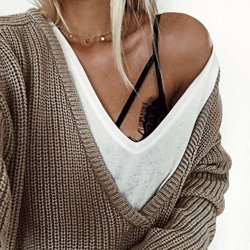 Damen Grobstrickpullover mit tiefem V-Ausschnitt und lässiger Passform ModeGeist