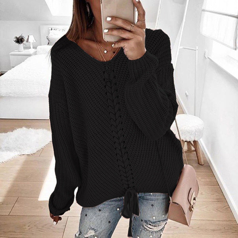 Damen Großer Strickpullover mit tiefem V-Ausschnitt und dekorativem Kordeldetail ModeGeist
