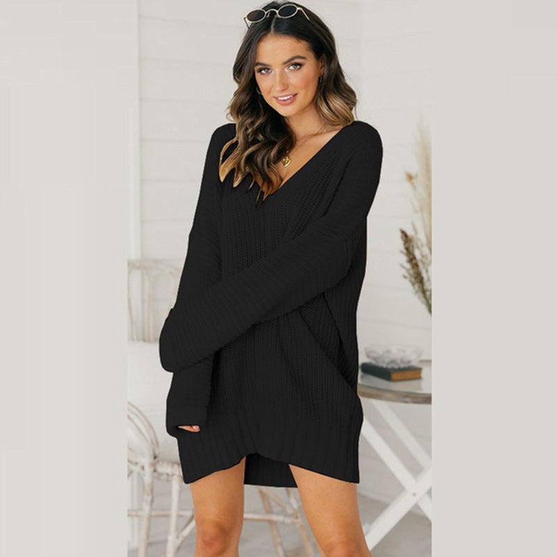 Damen Grobstrick Pulloverkleid mit V-Ausschnitt und lässigem Schnitt ModeGeist