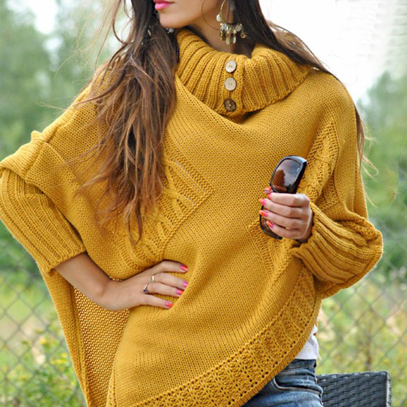 Damen Strickponcho mit hohem Kragen und Knopfdetails ModeGeist
