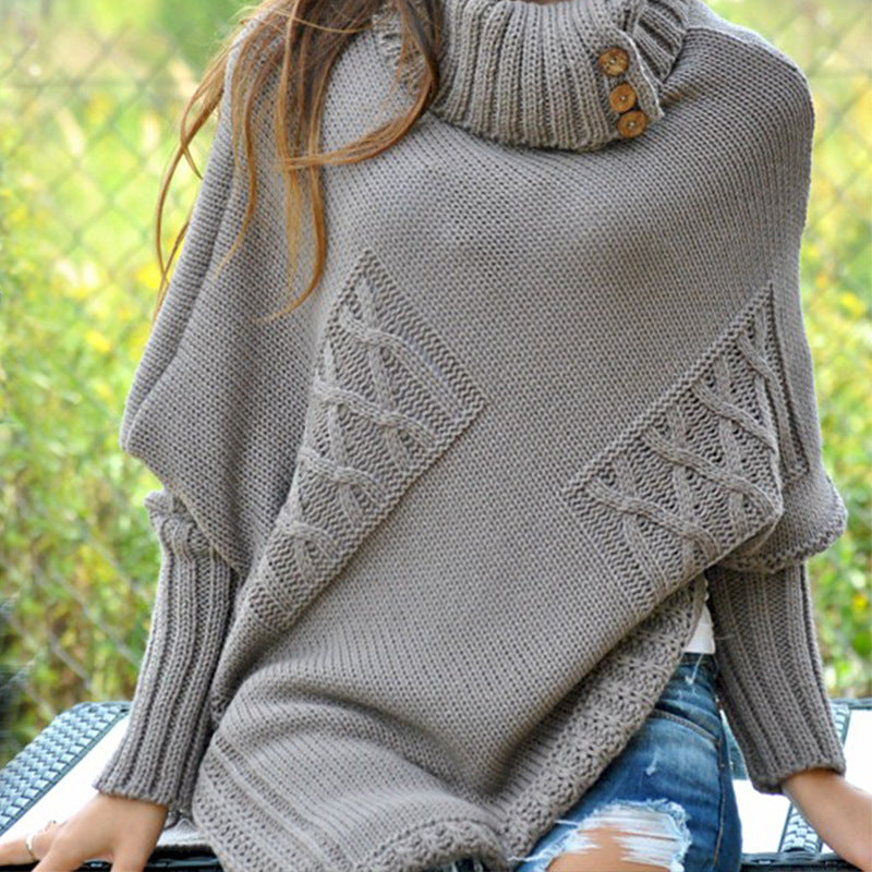 Damen Strickponcho mit hohem Kragen und Knopfdetails ModeGeist