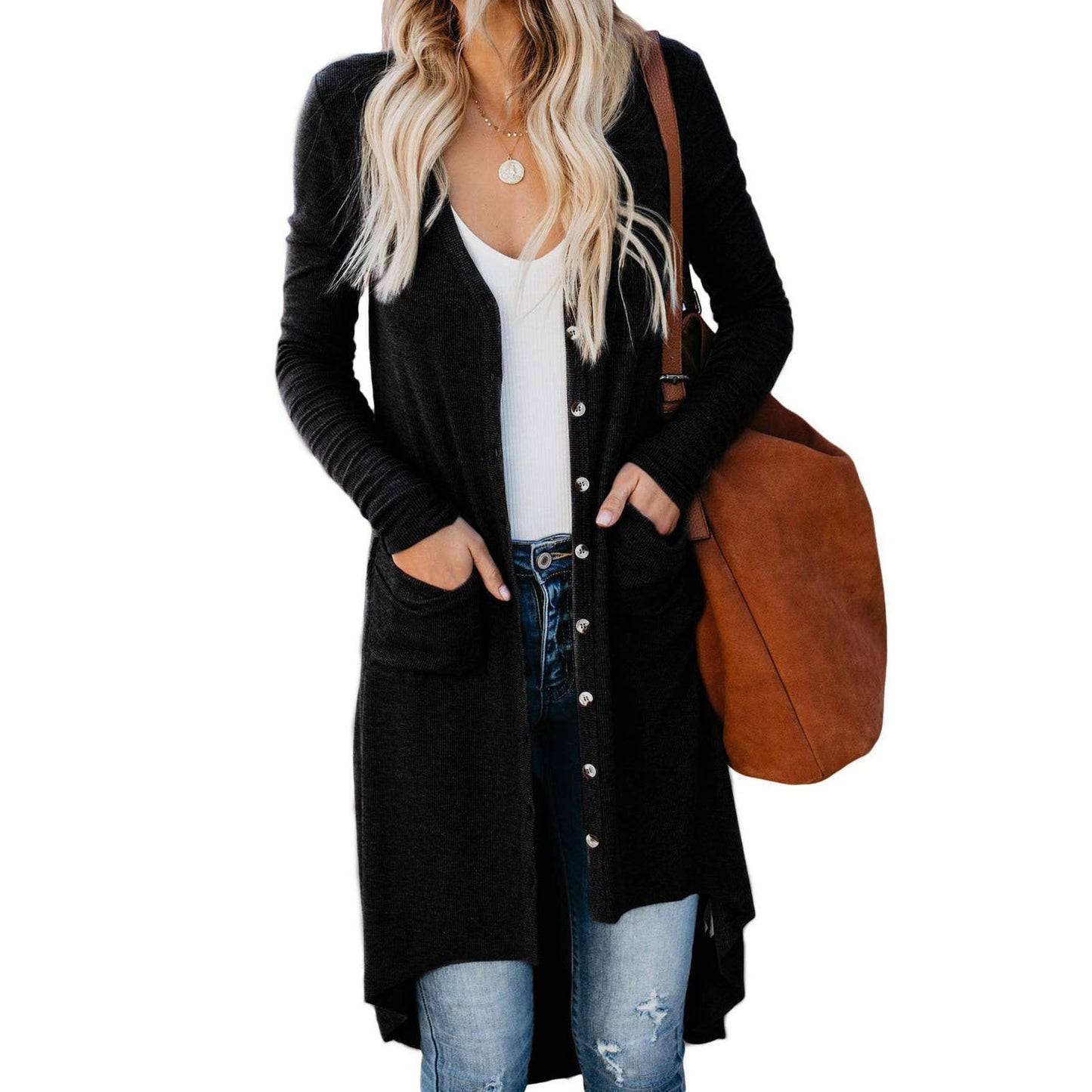 Damen langer Cardigan mit Knopfleiste und Taschen ModeGeist
