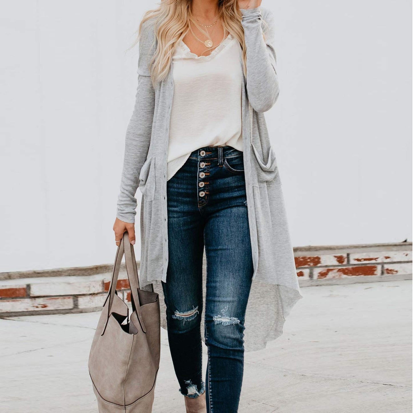 Damen langer Cardigan mit Knopfleiste und Taschen ModeGeist