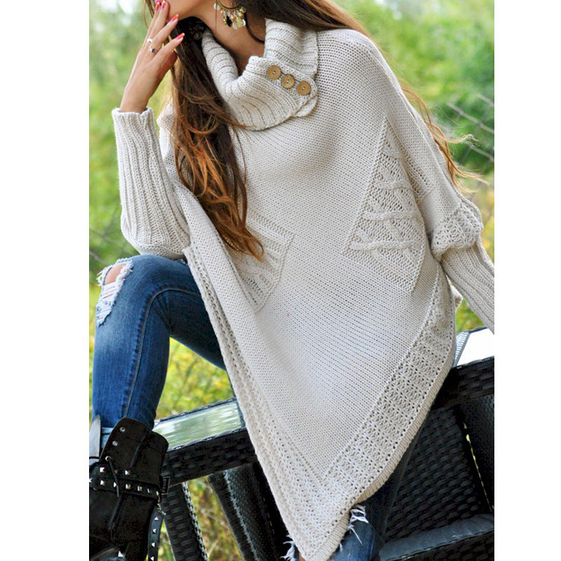 Damen Strickponcho mit hohem Kragen und Knopfdetails ModeGeist