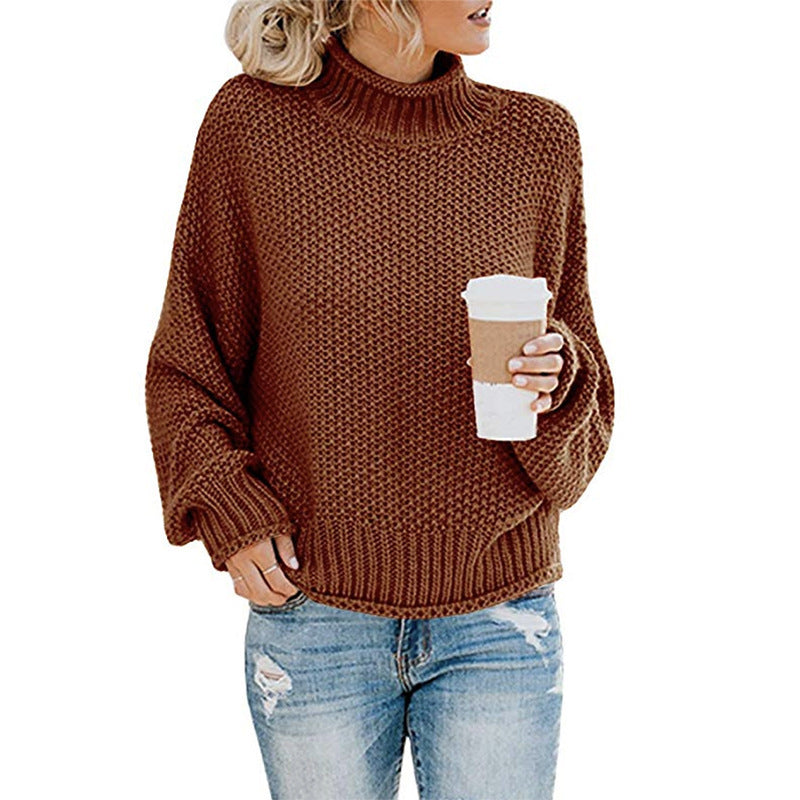 Damen Grobstrickpullover mit hohen Kragen und lockerem Design ModeGeist