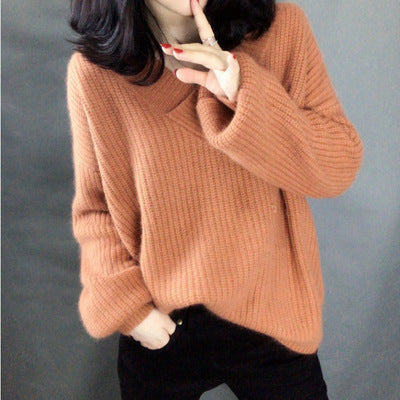Damen Strickpullover mit V-Ausschnitt und voluminösen Ärmeln ModeGeist