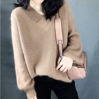 Damen Strickpullover mit V-Ausschnitt und voluminösen Ärmeln ModeGeist