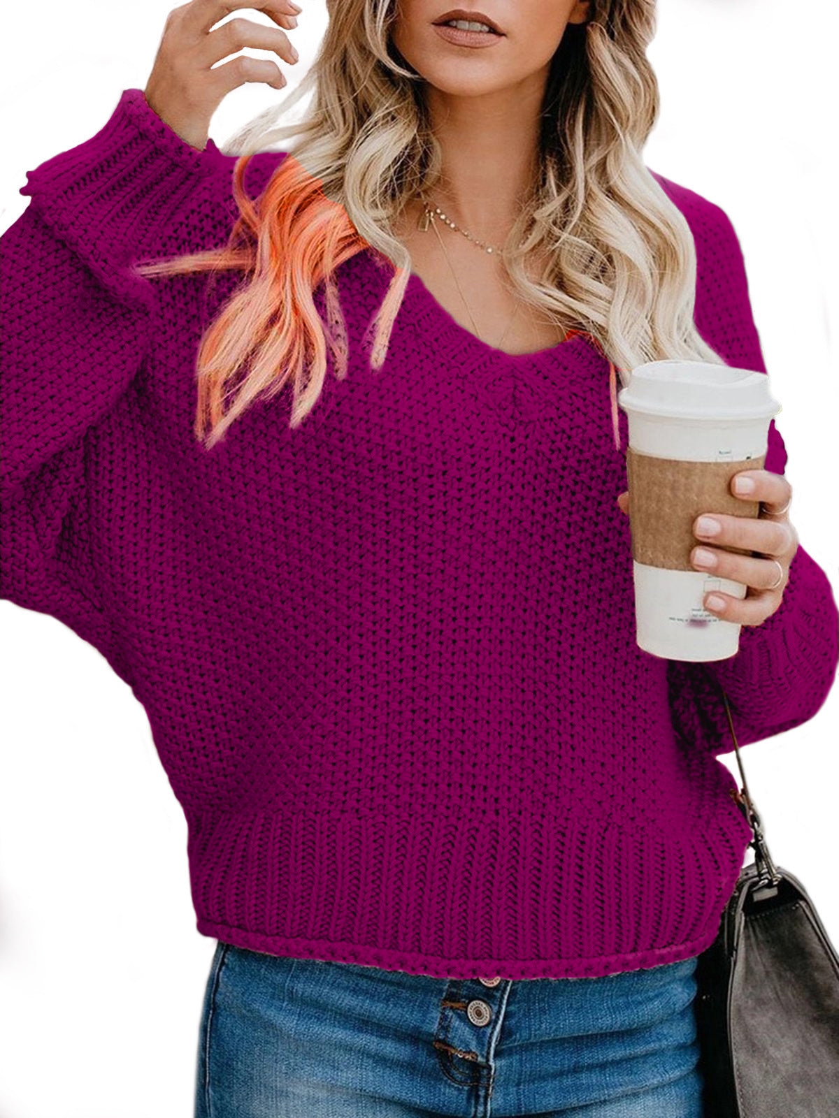 Damen Grobstrickpullover mit V-Ausschnitt und lässiger Passform ModeGeist