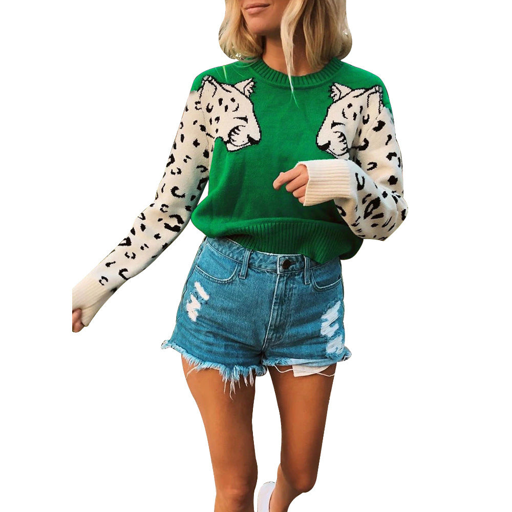 Damen modischer Strickpullover mit tierischem Motiv und farblich abgesetzten Ärmeln ModeGeist