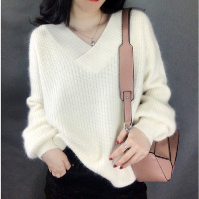 Damen Strickpullover mit V-Ausschnitt und voluminösen Ärmeln ModeGeist