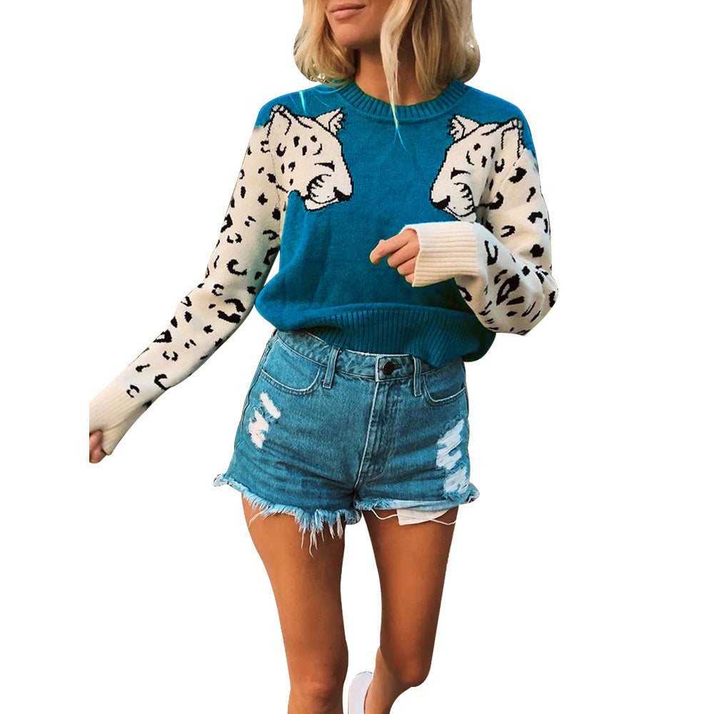 Damen modischer Strickpullover mit tierischem Motiv und farblich abgesetzten Ärmeln ModeGeist