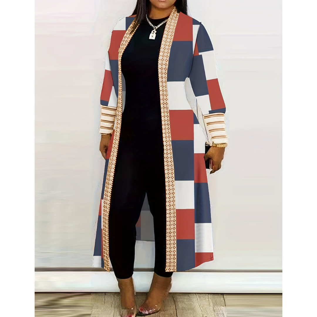 Damen-Langstrickjacke: Elegant, Oversize, Karomuster