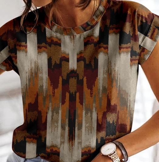 Damen Sommer T-Shirt mit Karomuster und Rundhalsausschnitt von Fudus