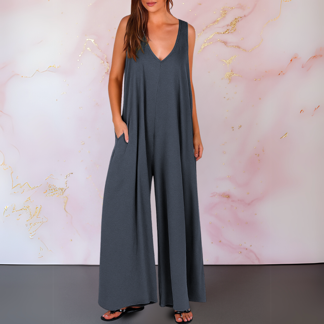 MODEGEIST Damen Overall ärmellos V-Ausschnitt weite Beine schwarz
