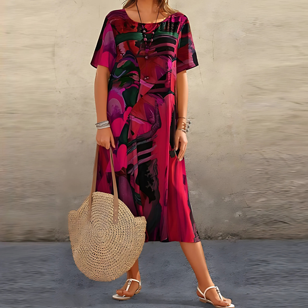 MODEGEIST Damen Midi-Kleid Blumenmuster A-Linie Kurze Ärmel Sommerkleid