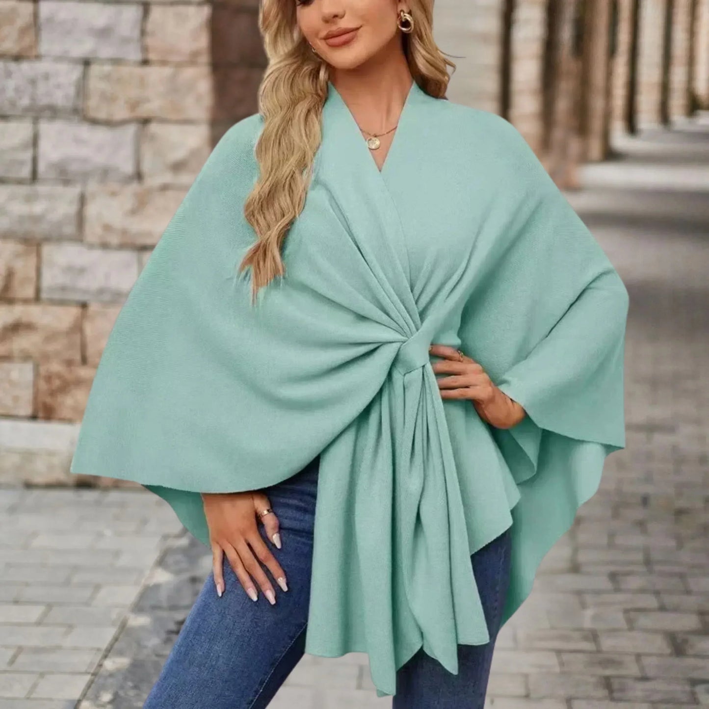 MODEGEIST Damen Poncho Leicht Draped Knoten-Design Oversized