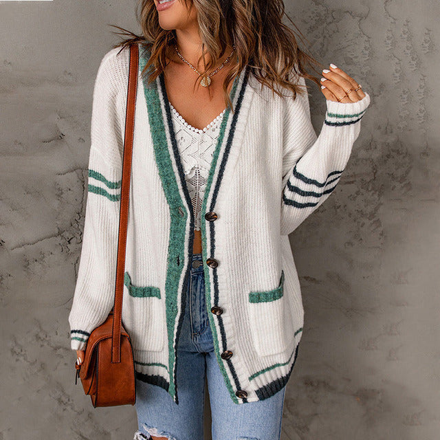 ModeGeist | Gestreifter Cardigan mit Knöpfen Polyester Lässig, Stilvoll