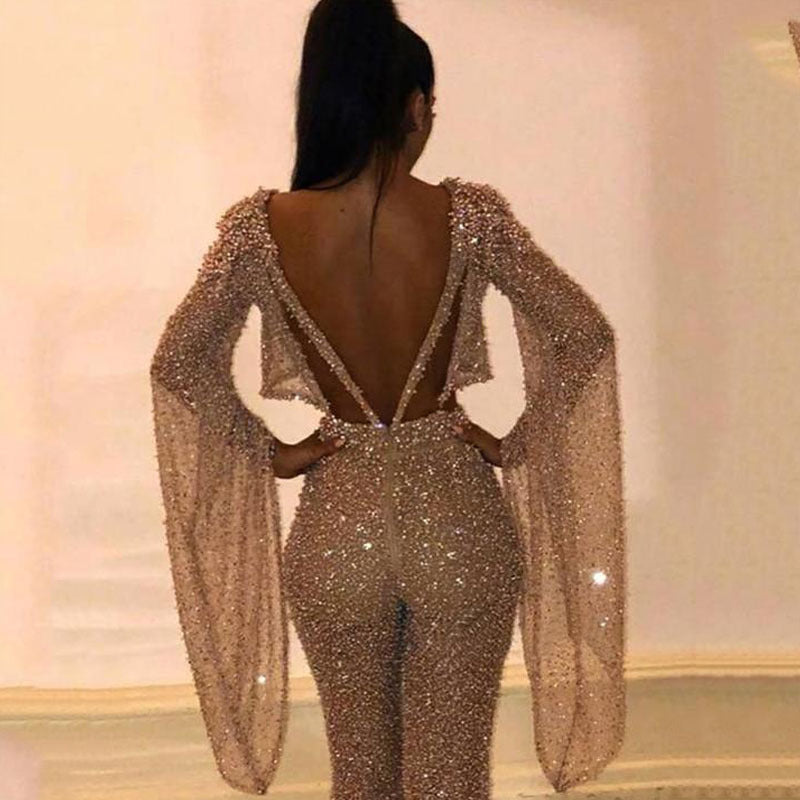 Damen Glitzerndes Zweiteiliges Set mit weitem Bein und langen Ärmeln ModeGeist