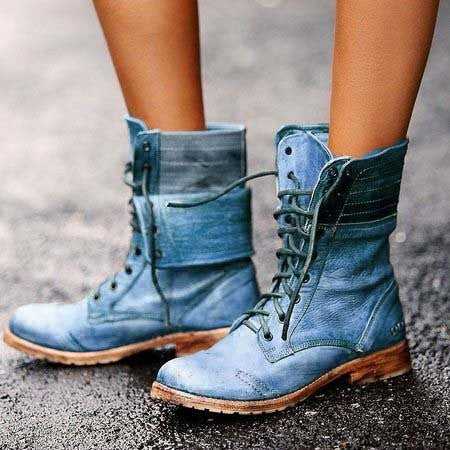 MODEGEIST Damen Schnürstiefel Vintage-Stil Leder Schwarz Robust