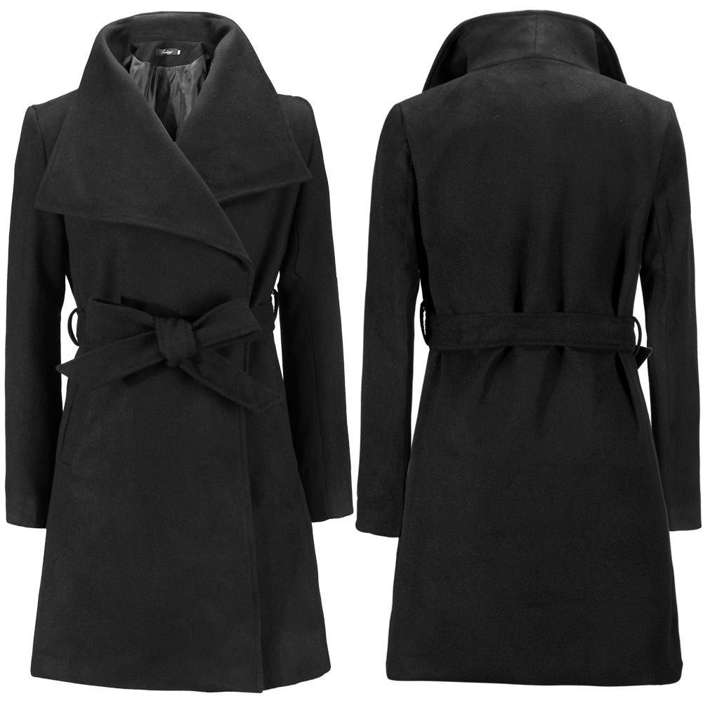 Damen eleganter Wickelmantel mit großem Kragen und Gürteldetail ModeGeist