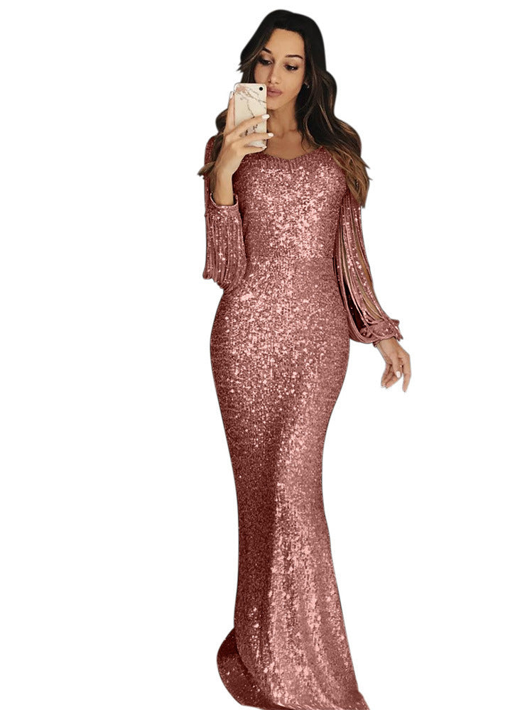 Damen elegantes Pailletten Abendkleid mit schmeichelndem Schnitt und langen Ärmeln ModeGeist