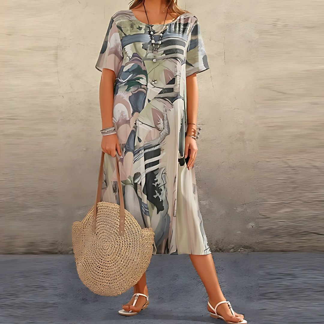 MODEGEIST Damen Midi-Kleid Blumenmuster A-Linie Kurze Ärmel Sommerkleid