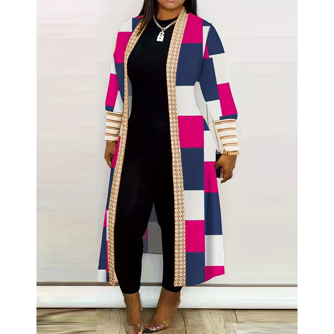 Damen-Langstrickjacke: Elegant, Oversize, Karomuster