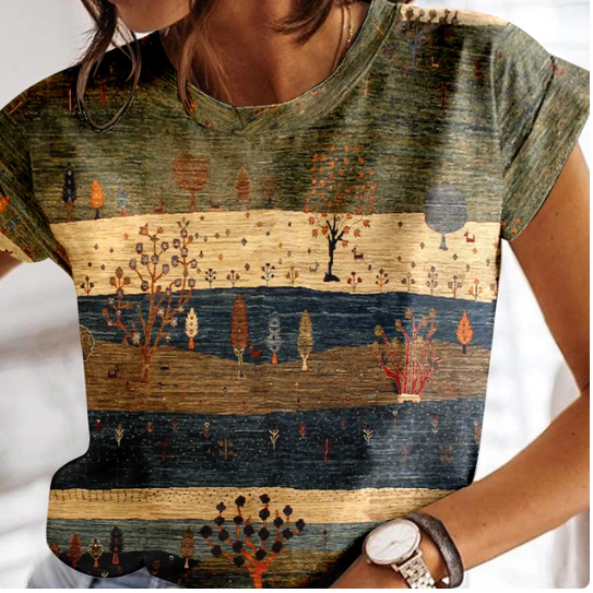 Damen Sommer T-Shirt mit Karomuster und Rundhalsausschnitt von Fudus