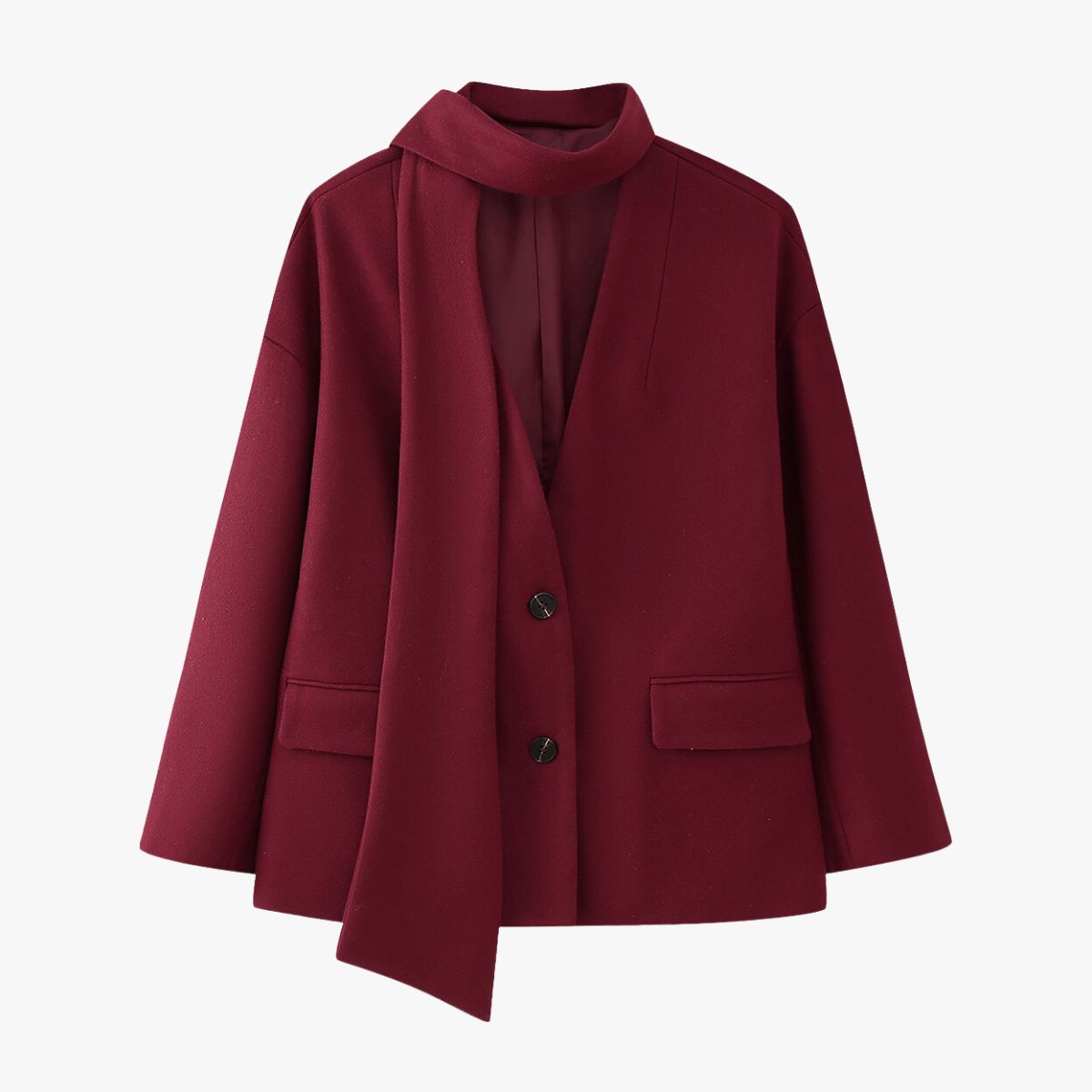 ModeGeist | Moderner Kurzmantel in Bordeauxrot mit Schal Detail