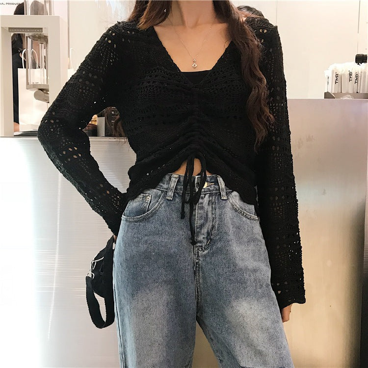 Damen luftige Strickjacke mit raffiniertem Lochmuster und Kordelzug ModeGeist