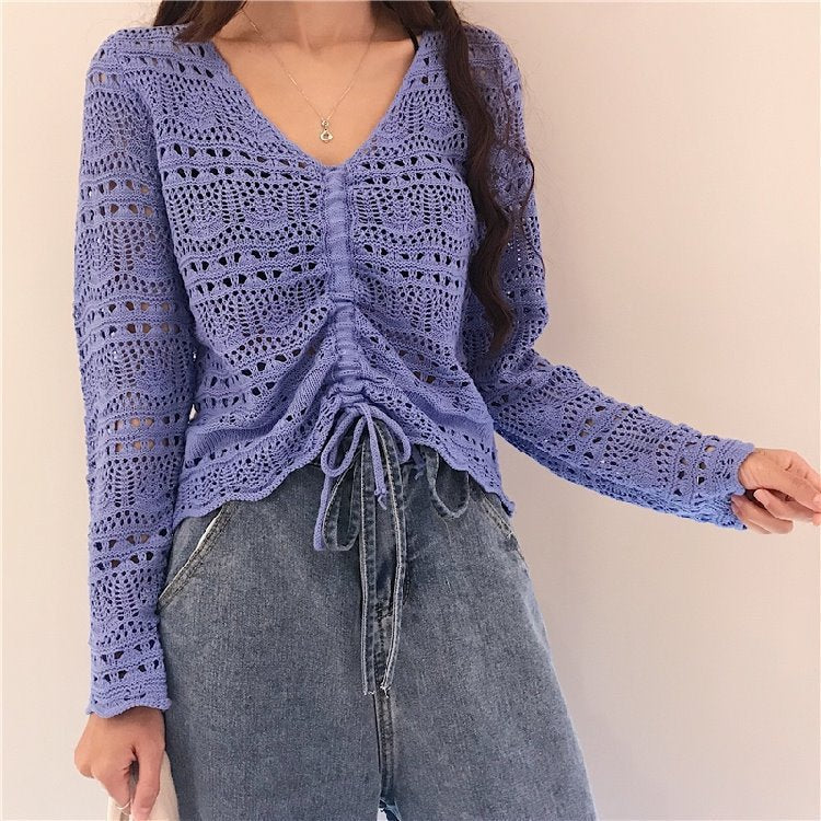 Damen luftige Strickjacke mit raffiniertem Lochmuster und Kordelzug ModeGeist