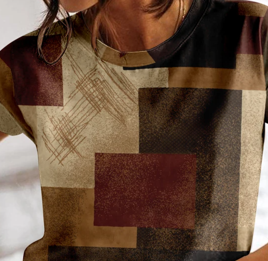 Damen Sommer T-Shirt mit Karomuster und Rundhalsausschnitt von Fudus